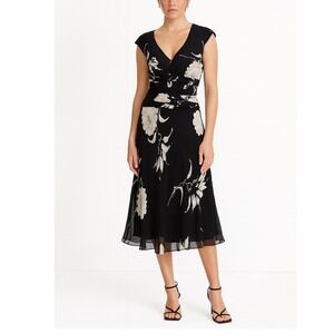 Y2K Jones New York Black Silk Floral Ruched Midi Dress